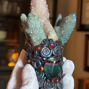 Spirit dragon crystal horn wand with spirit quartz, rainbow fluorite, Swarovski